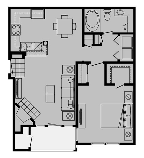 Floor plan for 1 bed, 1 bath, 765 sqft